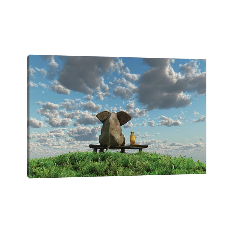 Elephant And Dog Are Sitting On A Meadow by Mike Kiev - Wrapped Canvas Print, 101.6 cm H x 66.04 cm W x 1.91 cm D