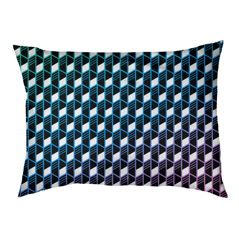 Coussin de concepteur pour chat à rayures géométriques Byrge, Grand - L 52 po x l 42 po, Bleu / Vert / Rose