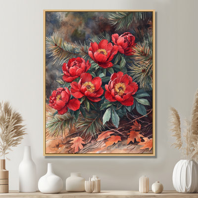 Pe pivoines parmi les pins d'automne III - pivoines, reproduction sur toile encadrée