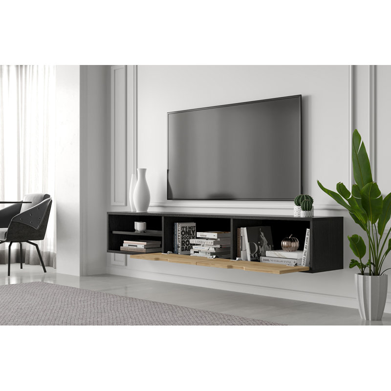 Savya 71" Wall Mounted Floating Entertainment Media Console, Wooden Black-Oak
