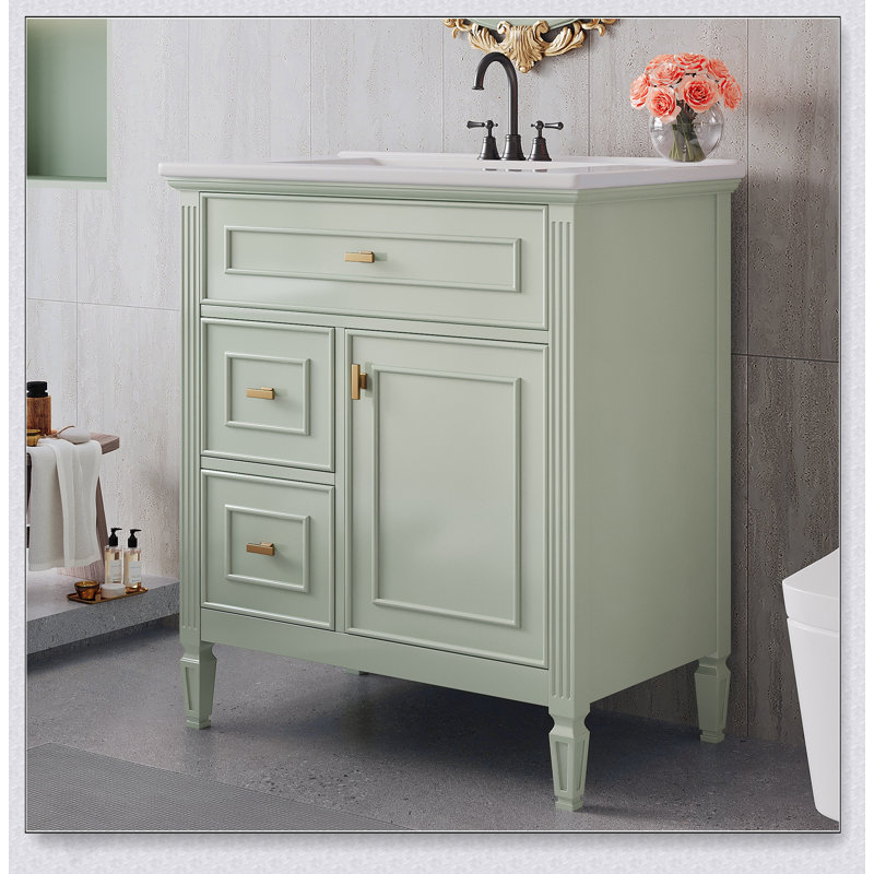 Meuble-lavabo de salle de bain avec lavabo, avec tiroir rabattable, tablette réglable, bois massif et panneau de fibres à densité moyenne, idéal pour un décor de salle de bain moderne