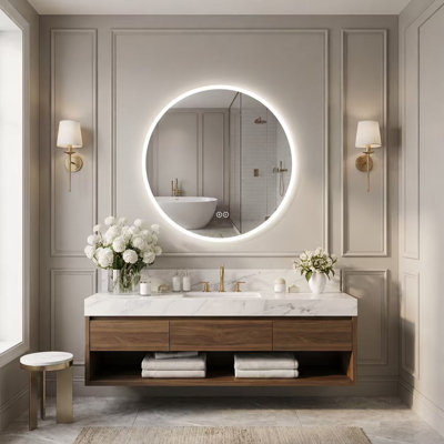 32 Inch Round Frameless LED Bathroom Vanity Mirror with Dimmable 3 Color Lighting Anti Fog and Memory Function