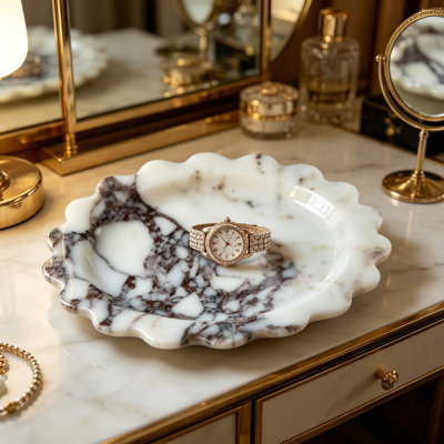 Handmade Scalloped Marble Tray, Decorative Stone Tray For Jewelry, Keys, And Vanity Organization, Glossy Finish For Home Bathroom And Desk Decor
