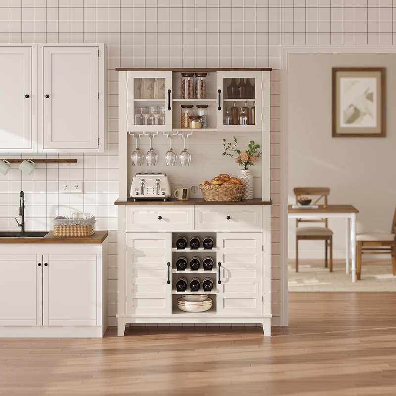 72" Tall Kitchen Pantry Cabinet with 4 Doors and 2 Drawers, Wine Rack, Large Kitchen Storage Adjustable Shelf for Dining Room, Coffee Wine Bar Counter