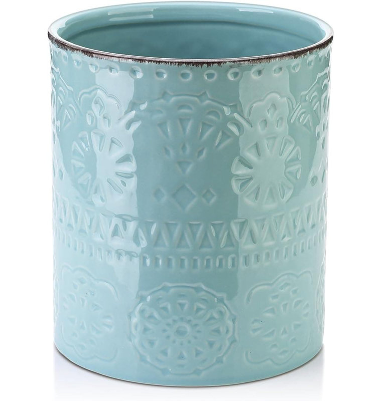 7.2" Extra Large Ceramic Farmhouse Utensil Holder (Blue, Anti-Slip Cork Bottom)