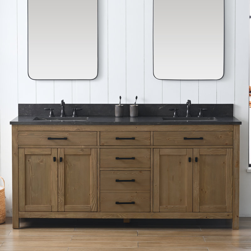 Ensemble de meuble-lavabo double 72 po Ajiya, Calcaire bleu, Naturel texturé / noir mat