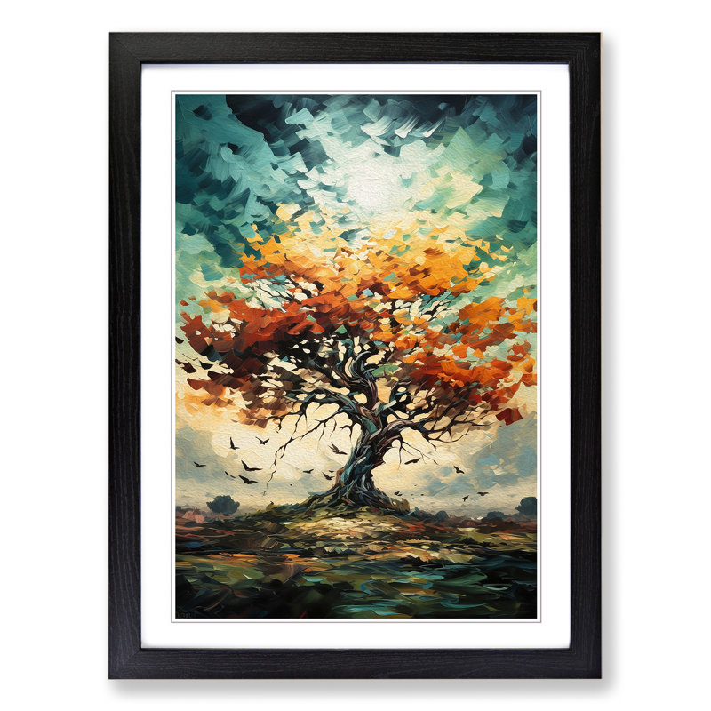 Oak Tree Action No.3 - Single Picture Frame Print on Wood, 64cm H x 46cm W x 2cm D, Black