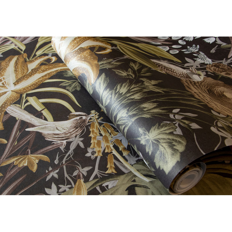 Tropical Collection Mo'orea Inspired Flowers and Birds 27.8' L x 27.5" W Wallpaper Roll, Walnut