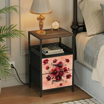Table de chevet 2 tiroirs avec station de charge, table de chevet avec ports USB et amp; Table de chevet noire Outlet