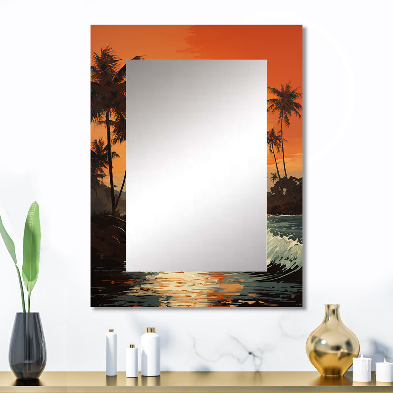 Tangerine Twilight Tropical Tranquility Sunset I - Palm Trees Decorative Wall Mirror, Traditional Mirror, Printed Metal Art