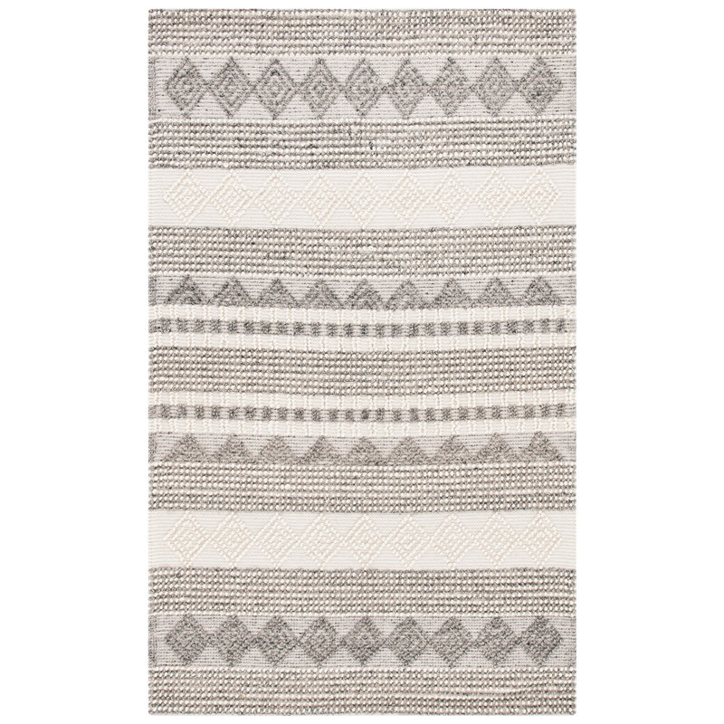 Tapis gris / ivoire en laine / coton tissé à la main à rayures Jacques, Rectangle 6 pi x 9 pi