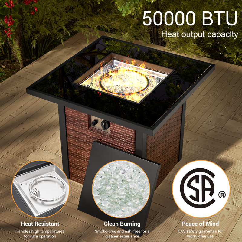 Table de foyer d'extérieur au propane en osier avec couvercle H 25 po x l 27,8 po Vinayak, Brun