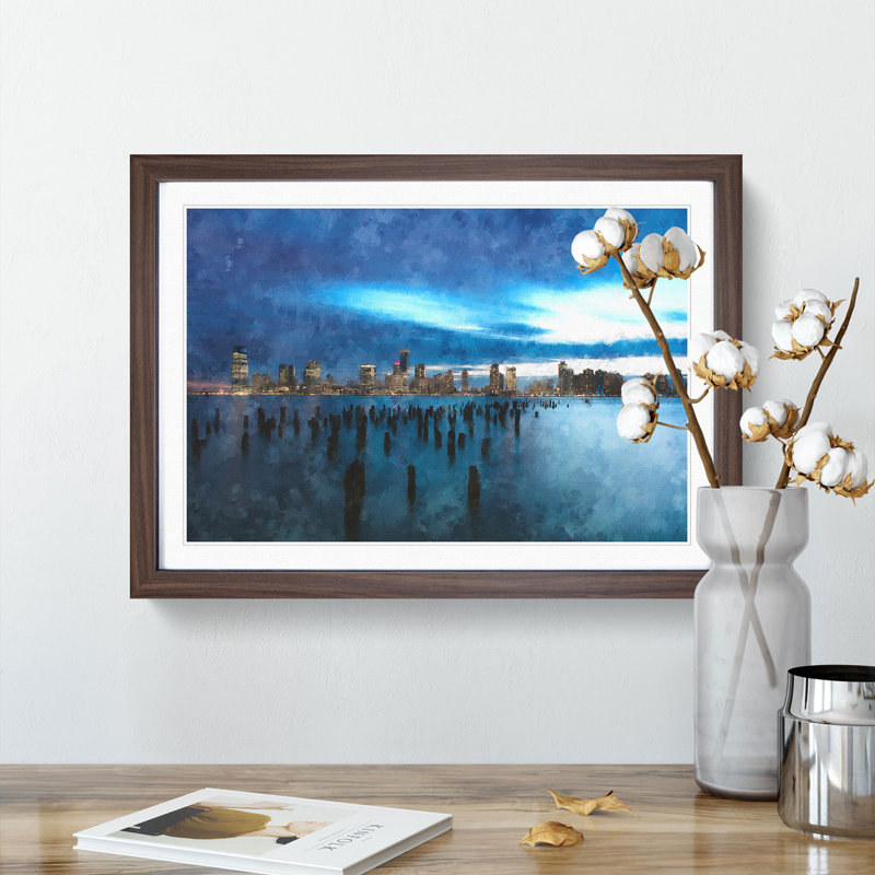 New Jersey Skyline - Picture Frame Graphic Art Print, 45cm H x 63cm W x 2cm D, Walnut Framed