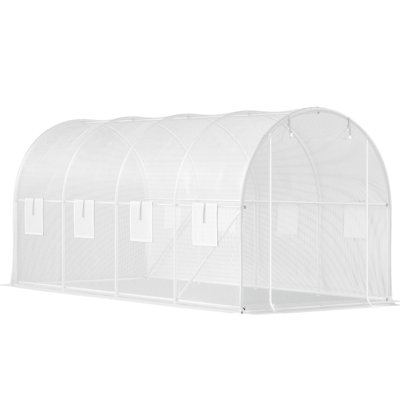 Serre de tunnel sans porte, serre chaude pour plantes portative 15 x 6,5 x 7 pi avec cerceaux en acier galvanisé, 1 poutre supérieure, poteaux diagonaux, porte à fermeture à glissière et 8 fenêtres à enroulement, blanc
