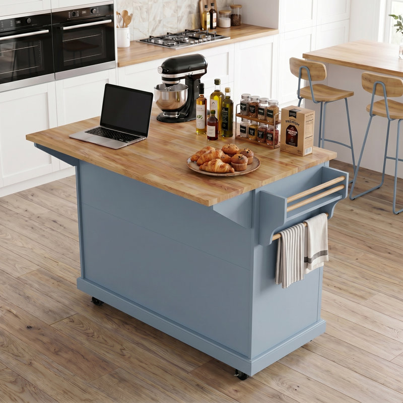 54 Inch Rubber Wood Kitchen Island with Drop Leaf, Embossed Texture Rolling Cart, 4 Wheels, 4 Doors & 3 Drawers Storage Cabinet for Kitchen Dining Room