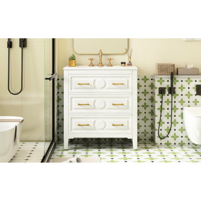 Meuble-lavabo de salle de bain rétro blanc 30 po avec lavabo en céramique, structure en bois massif et 3 tiroirs pour rangement, structure, poignée en métal doré, lavabo