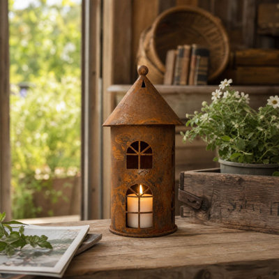 Resin candlesticks Iron Art Castle Candlestick Garden Courtyard Decoration Hollow Metal House Statue Decoration Ornaments