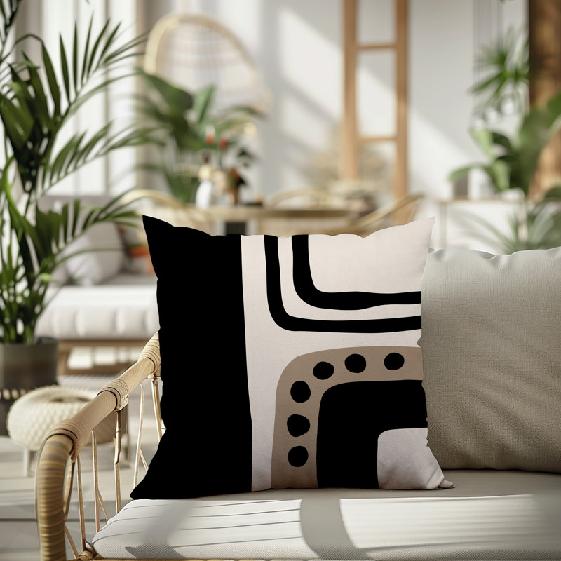 Oreiller carré réversible intérieur / extérieur Tobe Minimalist, H 19 po x l 19 po, Beige / noir / blanc cassé
