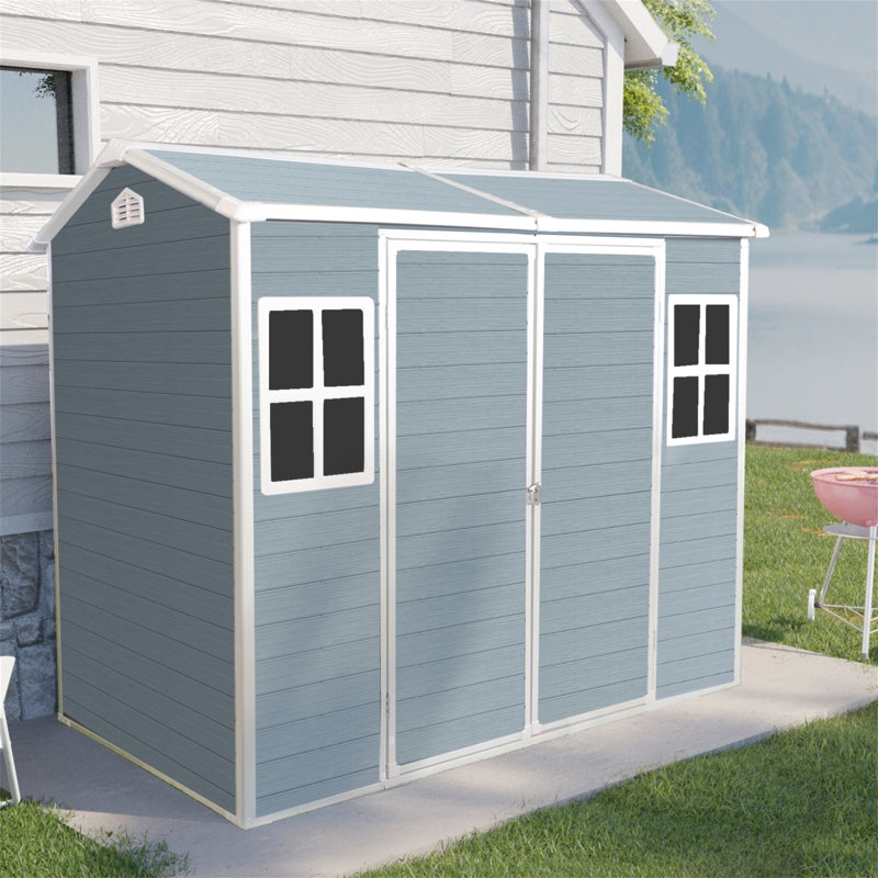 8X4ft Resin Outdoor Storage Shed With Two-Window And Double-Door,Plastic Shed With Floor For Gargen,Patio,Yard,Lawn, Gray