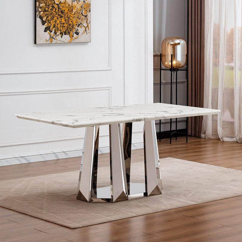 Table de salle à manger en marbre pour 6 personnes, table de salle à manger rectangulaire 70 po avec base en acier inoxydable à finition miroir