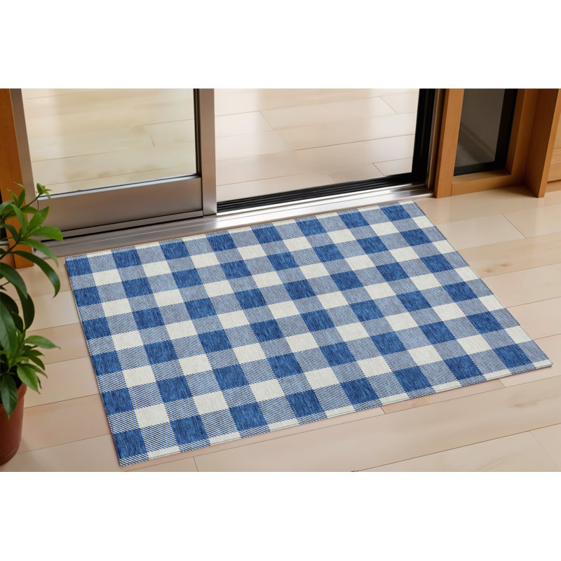3' X 5' Navy Blue And Gray Plaid Washable Indoor Outdoor Area Rug