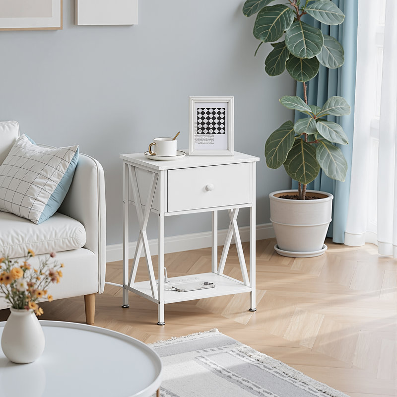 Industrial White Nightstand with Charging Station, Rustic Bedside Table, Individual, White