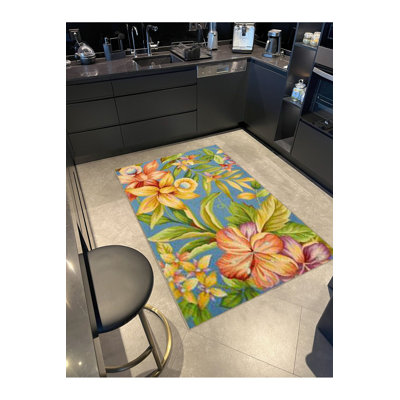 Machine Washable Light Blue Multicolor Leaf Floral Patterned Modern Decorative Rug