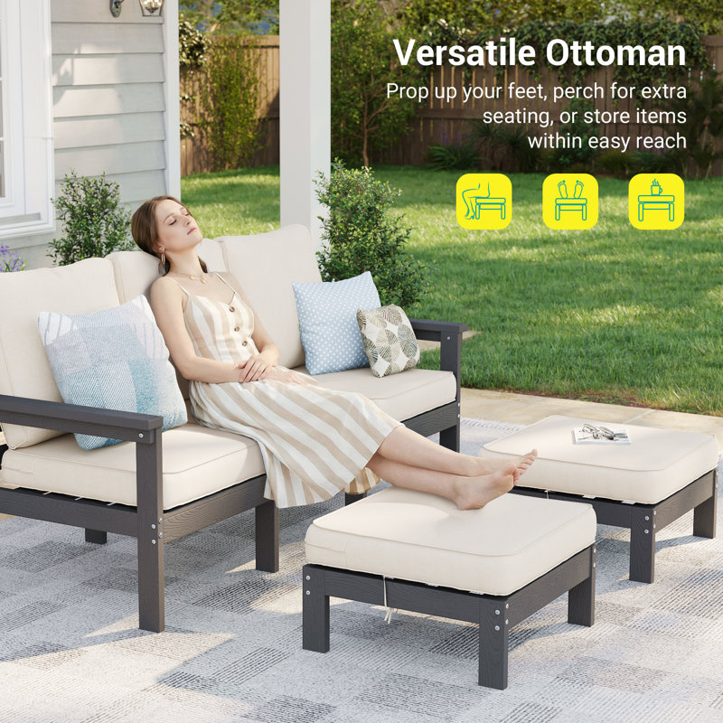  5 Piece HIPS Outdoor Sofa Set with Fade-Resistant & Extra Thick Cushions, Outdoor Sectional with Ottoman for Patio, Yard, Garden