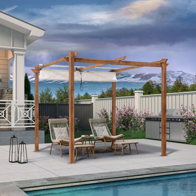 Purple Leaf 10' X 10' Outdoor Retractable Pergola With Sun Shade Canopy Patio Metal Shelter For Garden Porch Pavilion Natural Wood Grain Frame Aluminum Gazebo Modern Backyard Grill Pergola