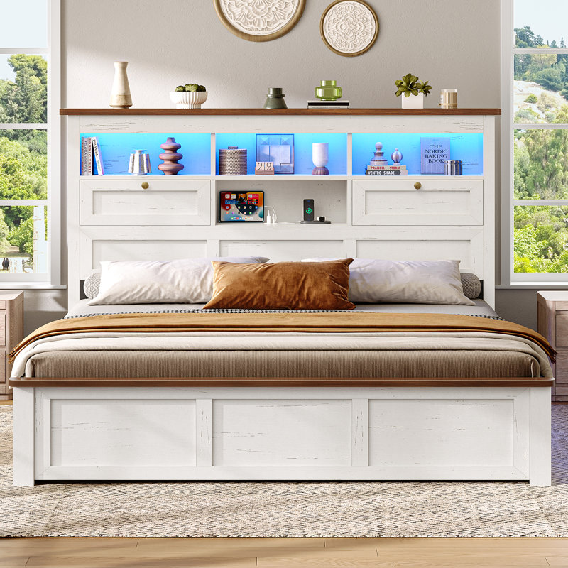 Wood Storage Bed Frame with Bookcase Headboard Farmhouse Heavy Duty Metal Platform Bed with Under-bed Drawers & Side Light Strip and Charging Station No Boxing Need