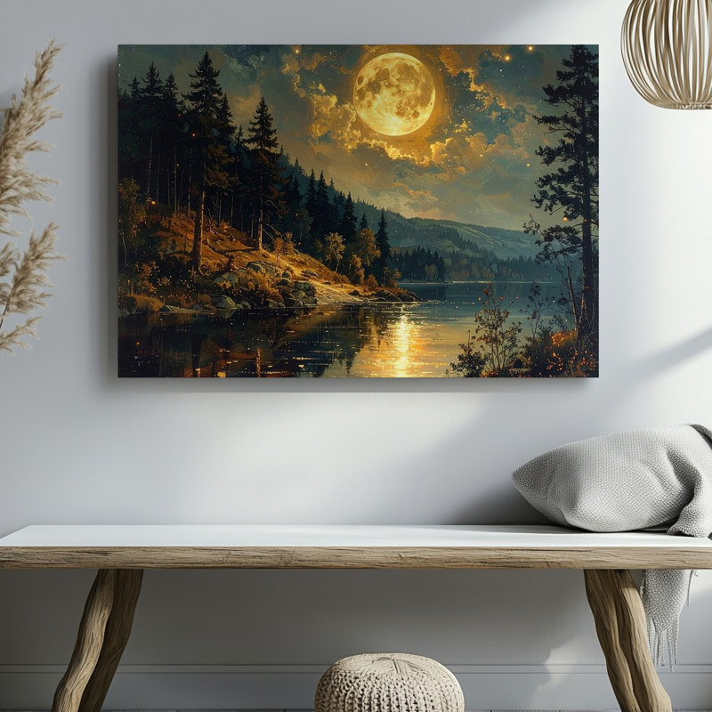 Art mural, lune dorée, forêt, nuit de Canvastranquil, lac et toile de pin, H 9 po x l 12 po