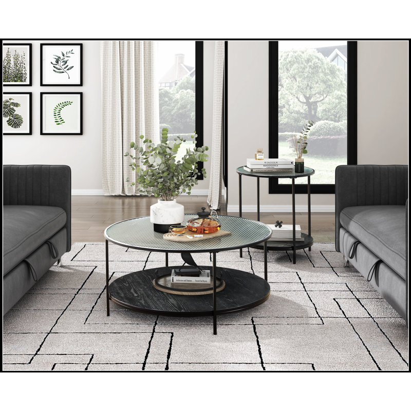 Ensemble de table d'appoint moderne 2 pièces avec plateau en verre trempé et finition en métal noir, parfait pour les salons élégants