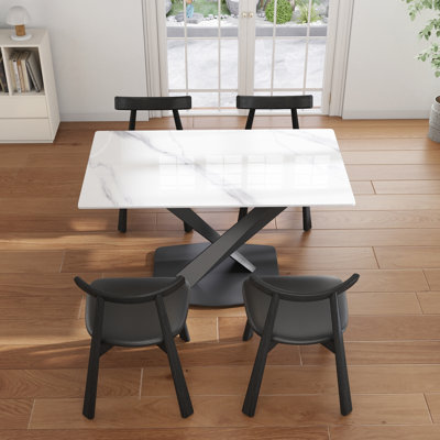 5-Piece Modern Rectangular Sintered Stone Dining Table Set With 4 Faux Leather Chairs