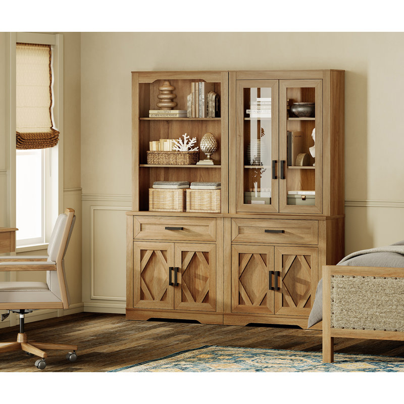 Laziza 5 Tier Bookcase With Barn Door,73.3" Tall Open Storage Bookshelf,Floor Standing Farmhouse Display Organizer With Drawer For Home Office,Living Room