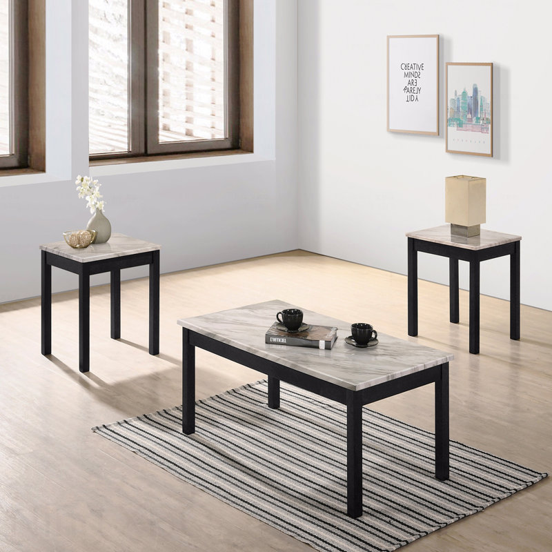 Ensemble de tables basses 3 pièces 1 table basse et 2 tables de bout avec plateau en faux marbre blanc et pieds noirs