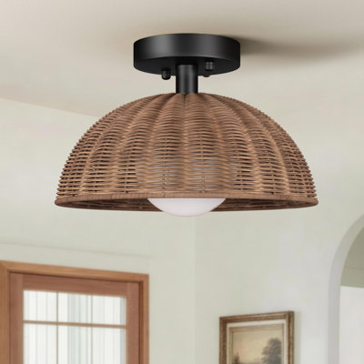 Bijolle 12'' 1 Light Farmhouse Rattan Plait Dome Semi Flush Mount Lighting For Living Room/Bedroom