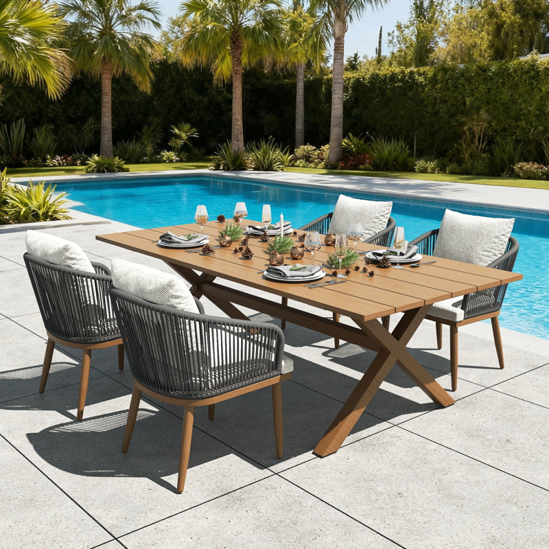5 Pieces Outdoor Dining Set Woven Rope Wicker Patio Dining Set With Rectangular Aluminum Table And Modern Armrest Dining Chairs