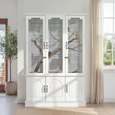All-In-One Bird Cage With Storage Cabinet, Heavy-Duty Metal Frame, 3-Door Base & Anti-Tip Design