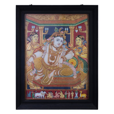 Peinture de Krishna Tanjore au repos, cadre en bois de teck | Art mural traditionnel indien traditionnel | Décoration de temple indou en feuille d'or 24 carats | Œuvre spirituelle de l'Inde du Sud fabriquée à la main | Prêt à suspendre, peinture encadrée dorée encadrée