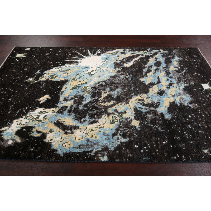 Tapis noir / bleu / beige noué à la main de conception unique 4 pi 7 po x 7 pi 5 po New Age