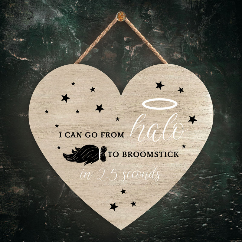 Witch I Can Go From Halo Wooden Heart Plaque, 10cm H x 9cm W x 0.5cm D