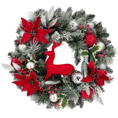 Couronne de Noël floquée préilluminée de 61 cm (24 po) avec rennes rouges, 20 DEL à lumière chaude et 8 modes, ornements rouges et argentés pour porte d'entrée ou mur