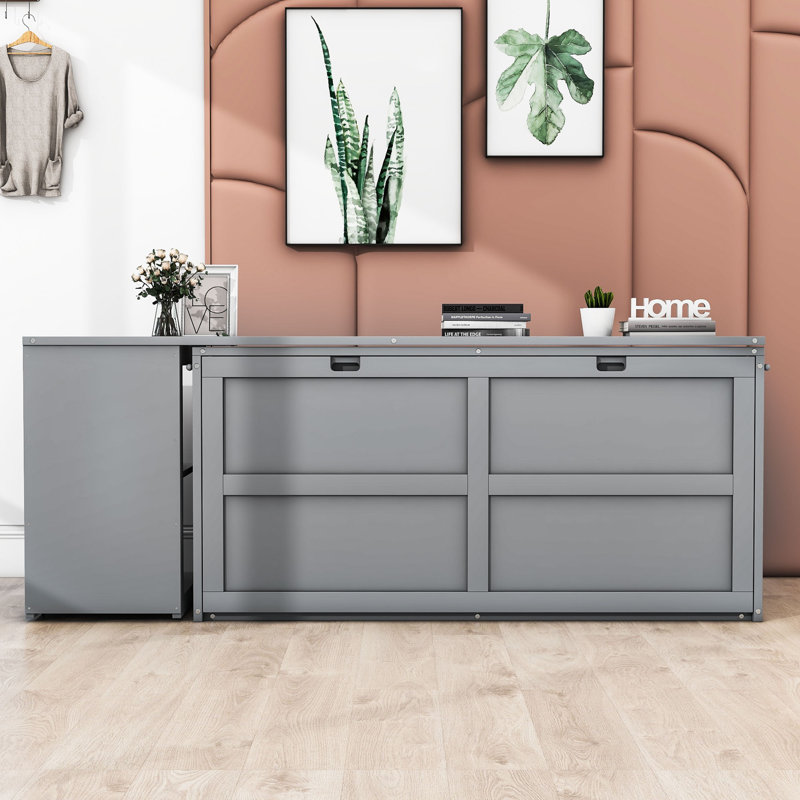 Grand lit escamotable avec bureau rotatif Calletano, gris