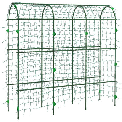 Treillis de concombre Outsunny, treillis arqué de 6 pi de hauteur pour plantes grimpantes d'extérieur, structure en A, avec structure en acier enduit de plastique et filet d'escalade, légumes de soutien, pois, fruits et vignes, vert