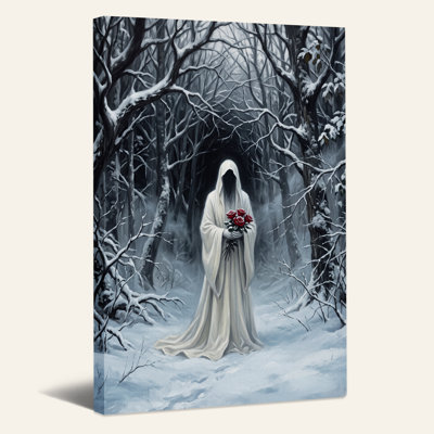 Hooded Figure Holding Red Roses in Dark Snowy Halloween Canvas Wall Art