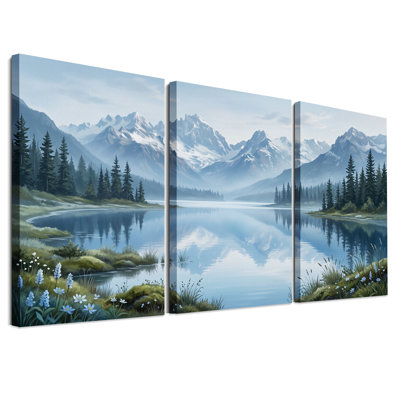 Sommets enneigés et pins se reflétant dans un ensemble de 3 toiles murales