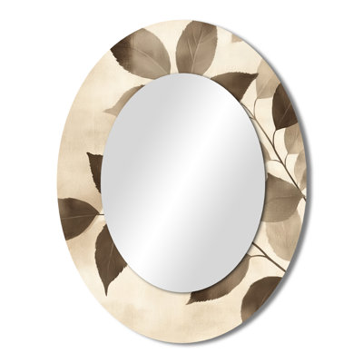 Taupe Leaves Mosaic Collage I - Floral Oval Decorative Mirror On Metal