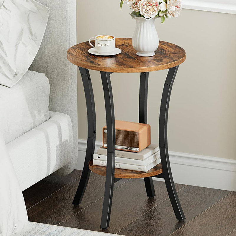 Round Side Table, 2-Tier Sofa End Table, Small Storage Nightstand, For Small Spaces, Living Room Bedroom Accent Table, Rustic Brown And Black BF180BZ01