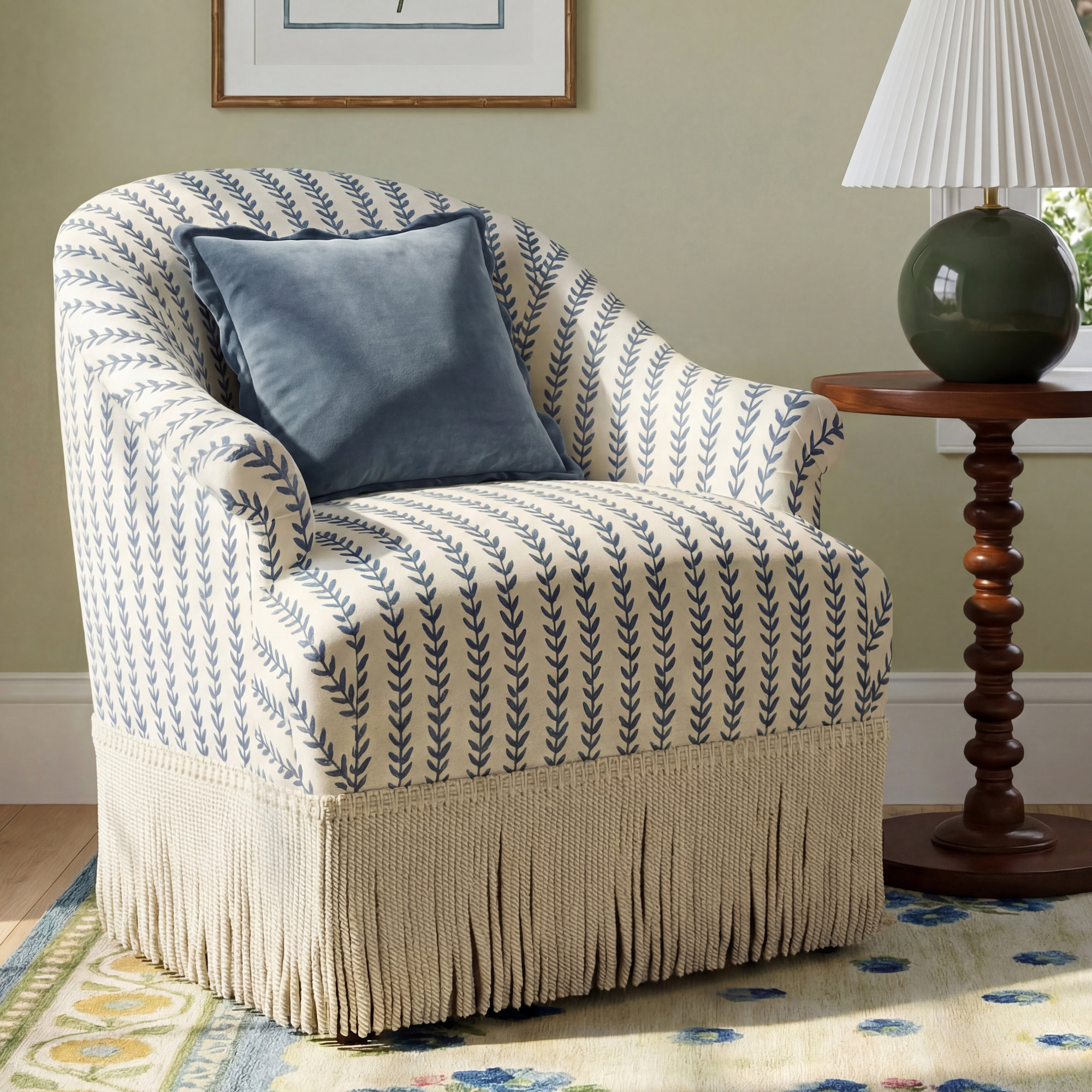 Callie Barrel Chair, Vine Stripe Dusty Blue, Ivory