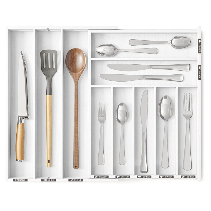 Organisateur de tiroir en bambou avec ustensiles de cuisine et porte-plateau extensible